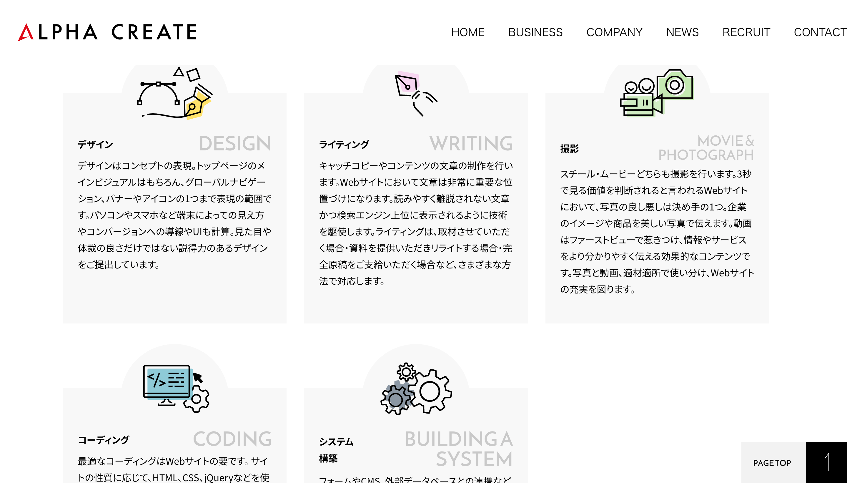 東京のコーポレートサイト制作会社の株式会社アルファクリエイトのサービスページ